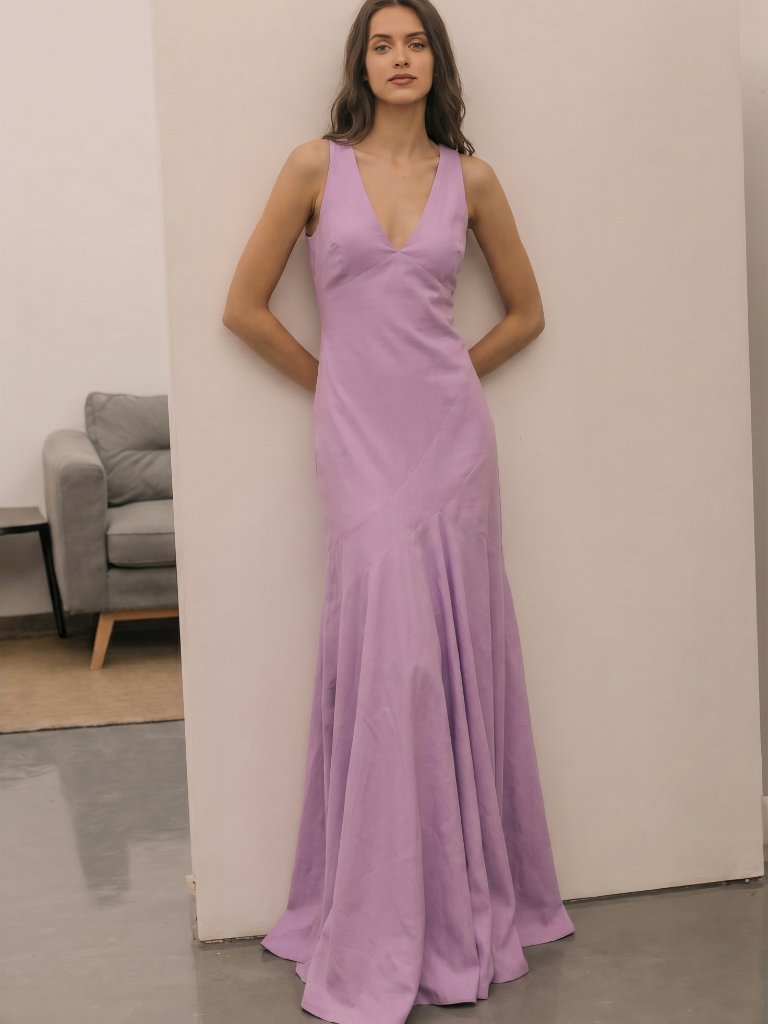 Halston Heritage Tulip Long Evening Gown Sleeveless V Neck Silk Lilac 10 L Euc
